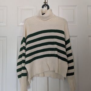 Madewell Cream and Green Striped Turtleneck Sweater